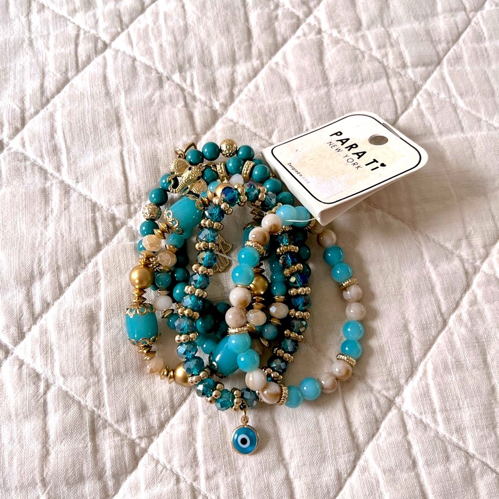 Turquoise Beaded Charm Bracelet Set ( 6 Row )